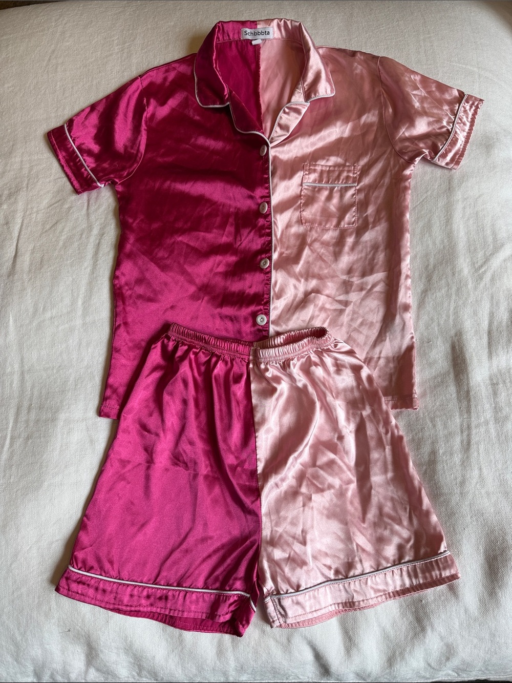 Girls' Two-Tone Satin Pajama Set - Hot Pink & Light Pink